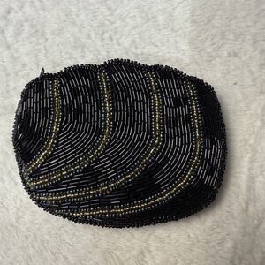 Vintage Glass Seed Beaded Zip Coin Purse Black Gold Mini Bag Scalloped Edge